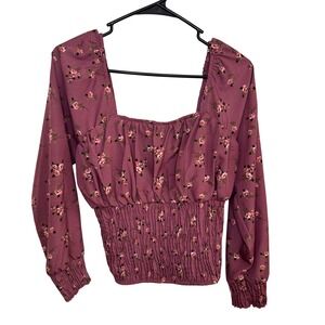 Speed Limit MPH Mauve Floral Smocked Long Sleeve Square Neck Blouse Large
